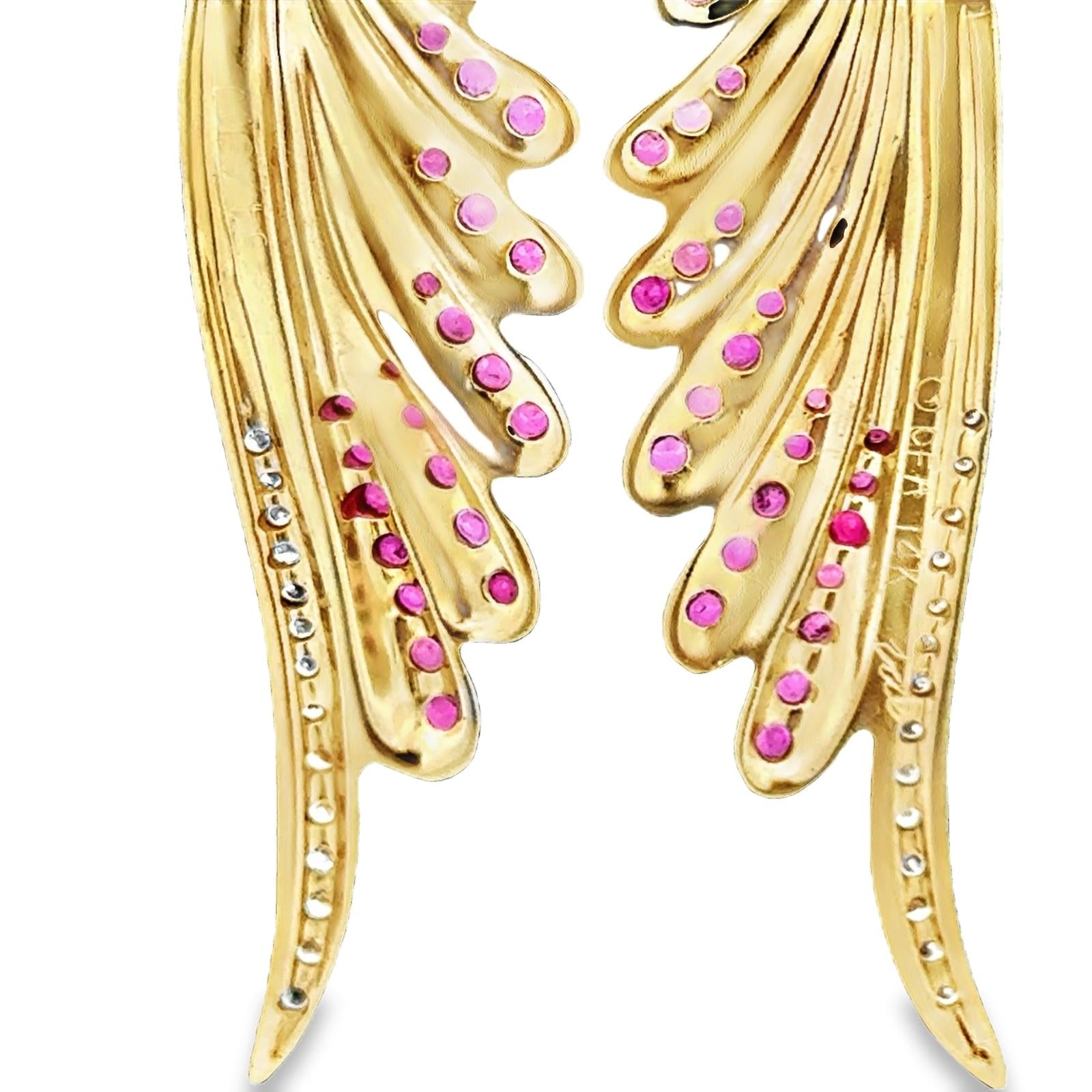 Diamond Ruby 14 Karat Yellow Gold Dangle Drop Contemporary Earrings Signed Erté
