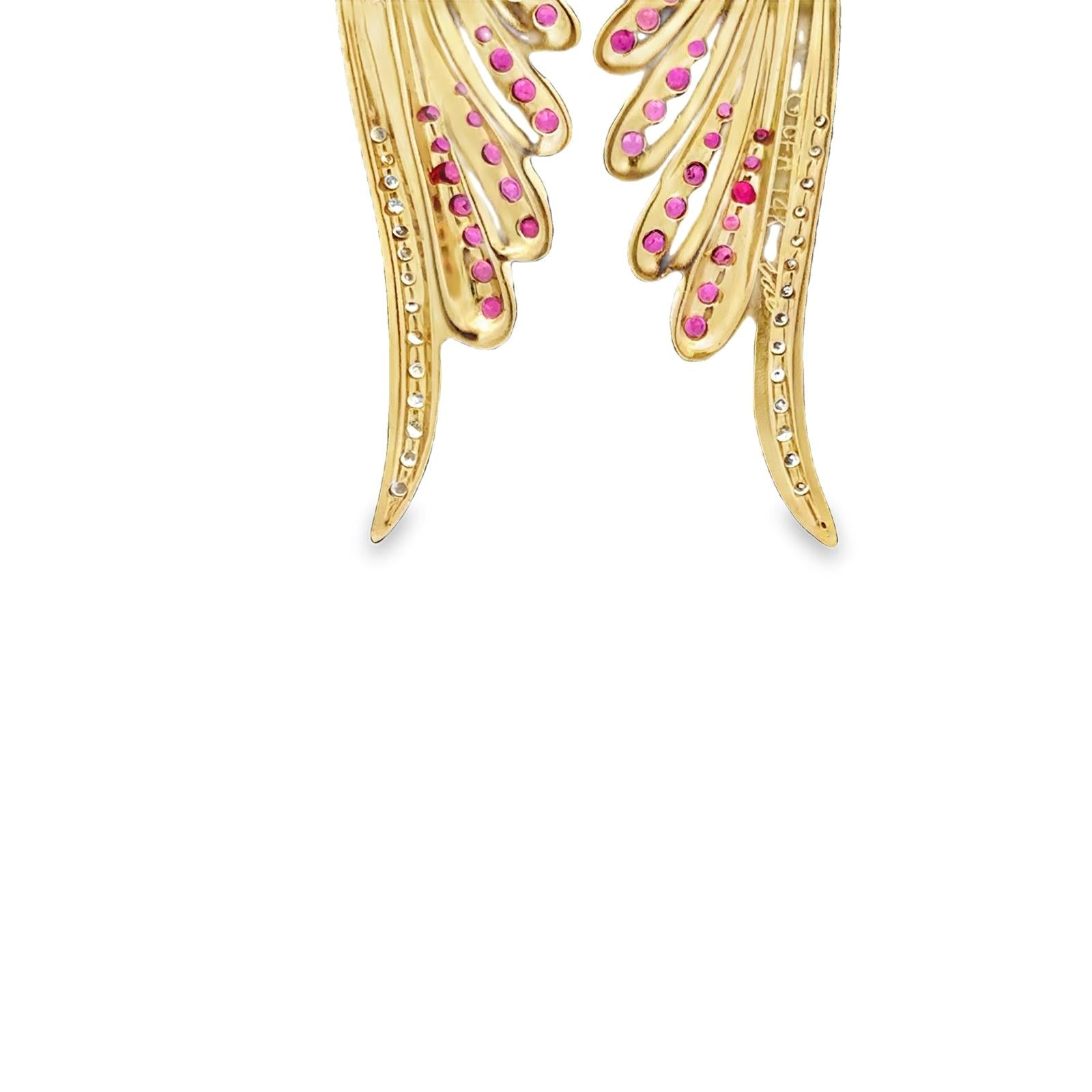 Diamond Ruby 14 Karat Yellow Gold Dangle Drop Contemporary Earrings Signed Erté