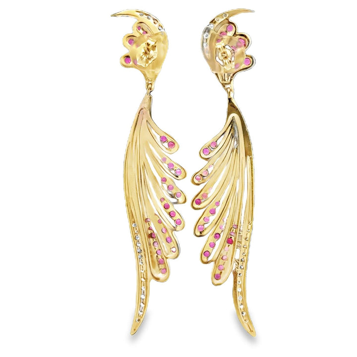 Diamond Ruby 14 Karat Yellow Gold Dangle Drop Contemporary Earrings Signed Erté