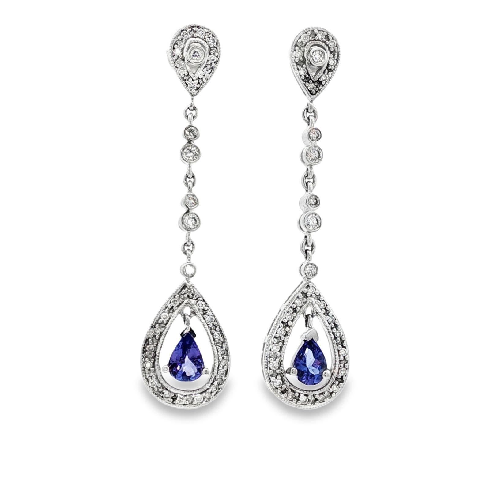 Diamond Pear Shape Tanzanite 14 Karat White Gold Drop Dangle Earrings