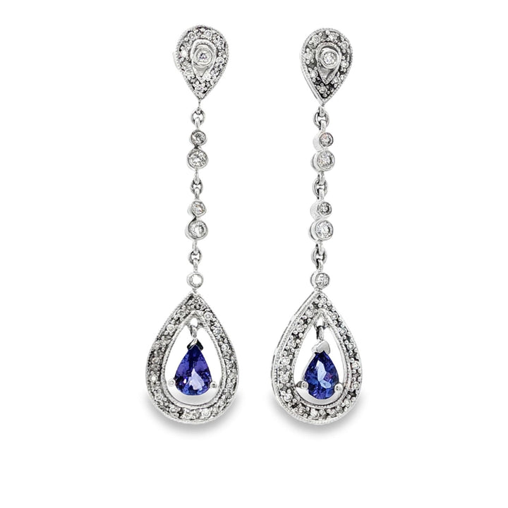 Diamond Pear Shape Tanzanite 14 Karat White Gold Drop Dangle Earrings