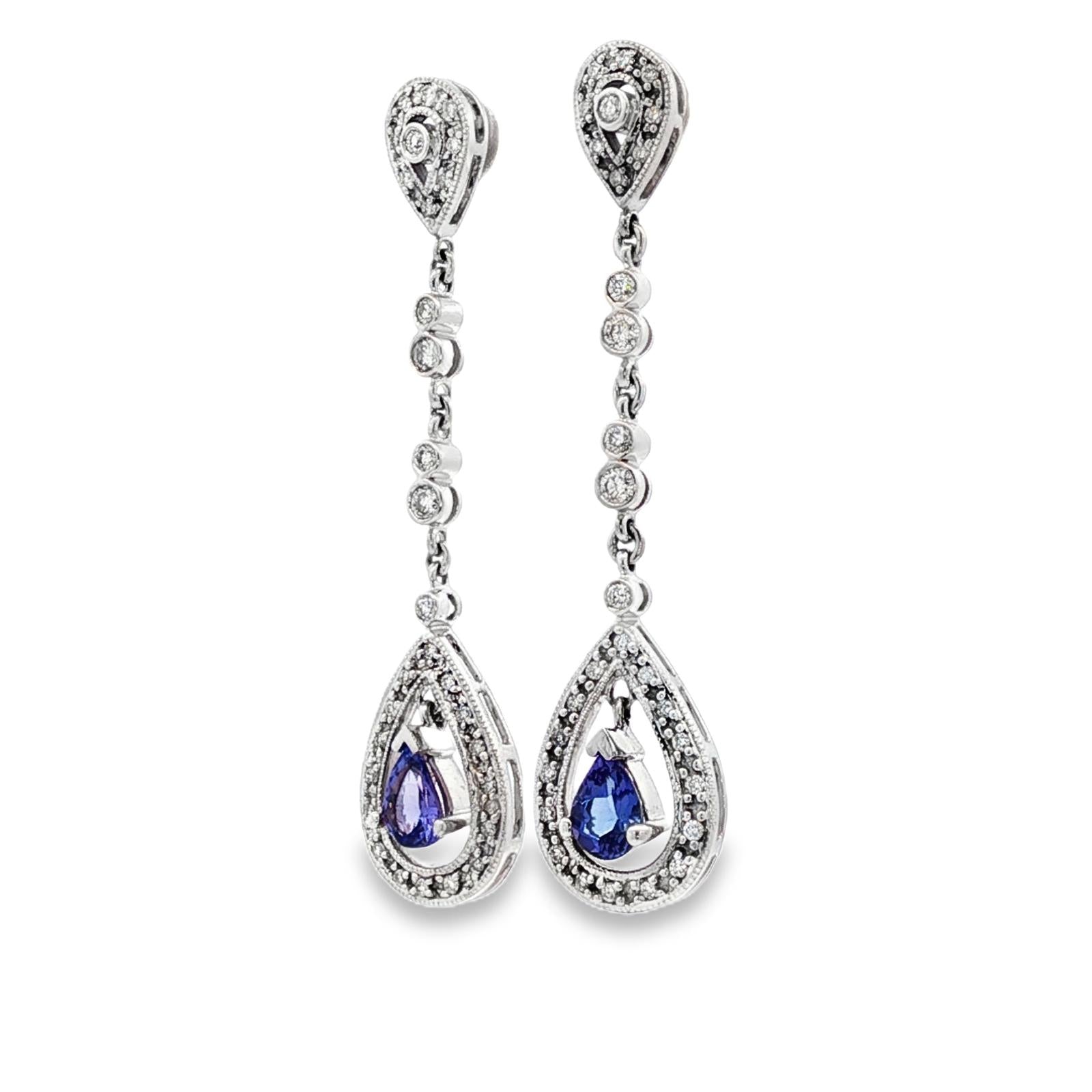 Diamond Pear Shape Tanzanite 14 Karat White Gold Drop Dangle Earrings