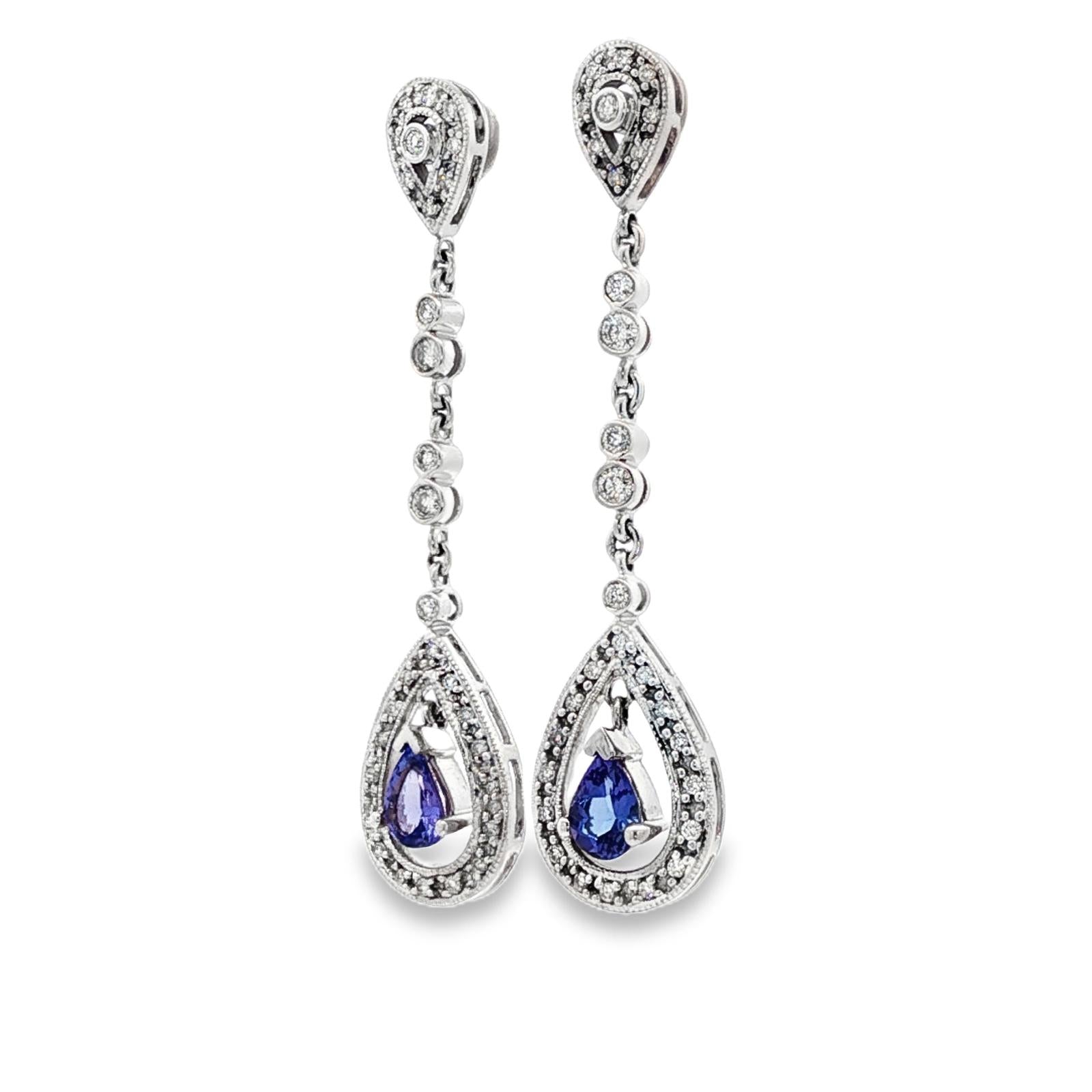 Diamond Pear Shape Tanzanite 14 Karat White Gold Drop Dangle Earrings