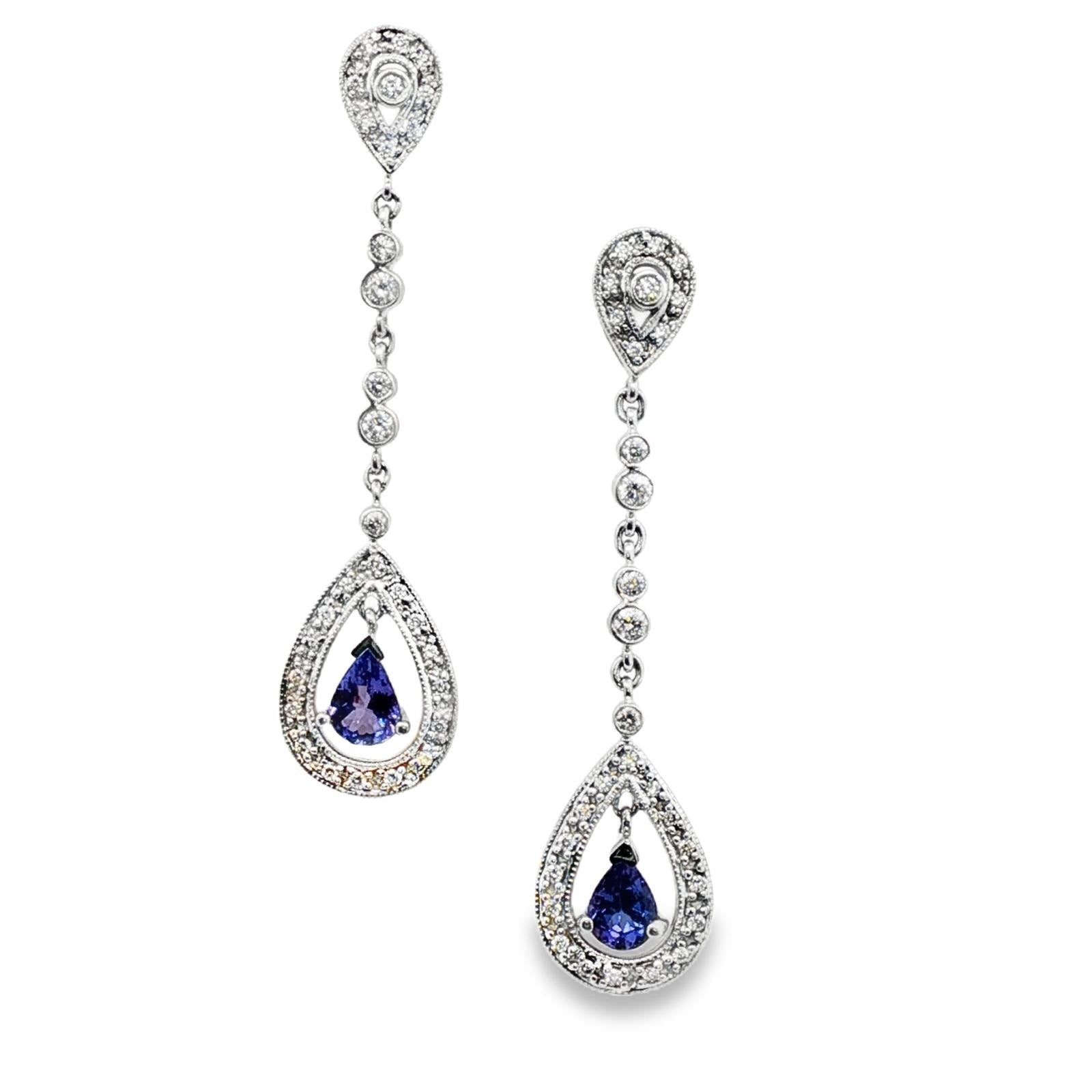 Diamond Pear Shape Tanzanite 14 Karat White Gold Drop Dangle Earrings
