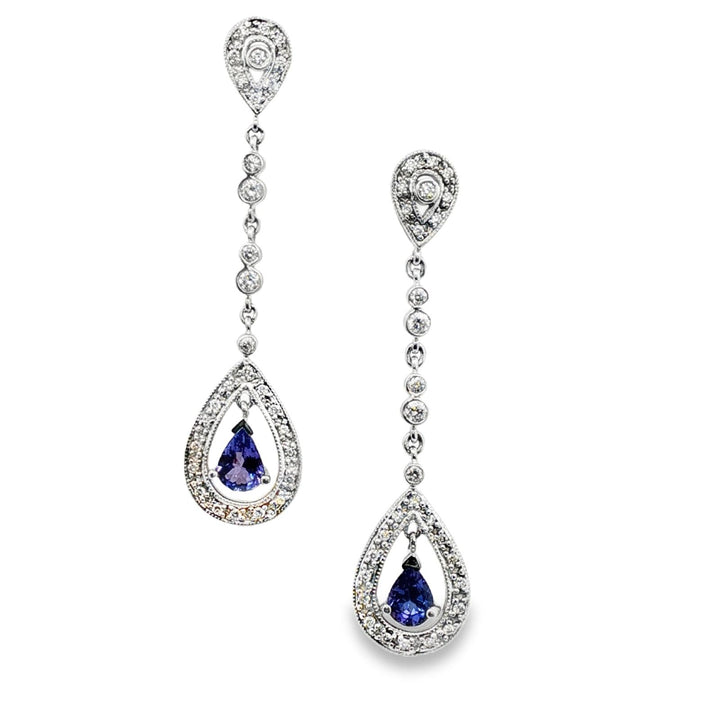Diamond Pear Shape Tanzanite 14 Karat White Gold Drop Dangle Earrings