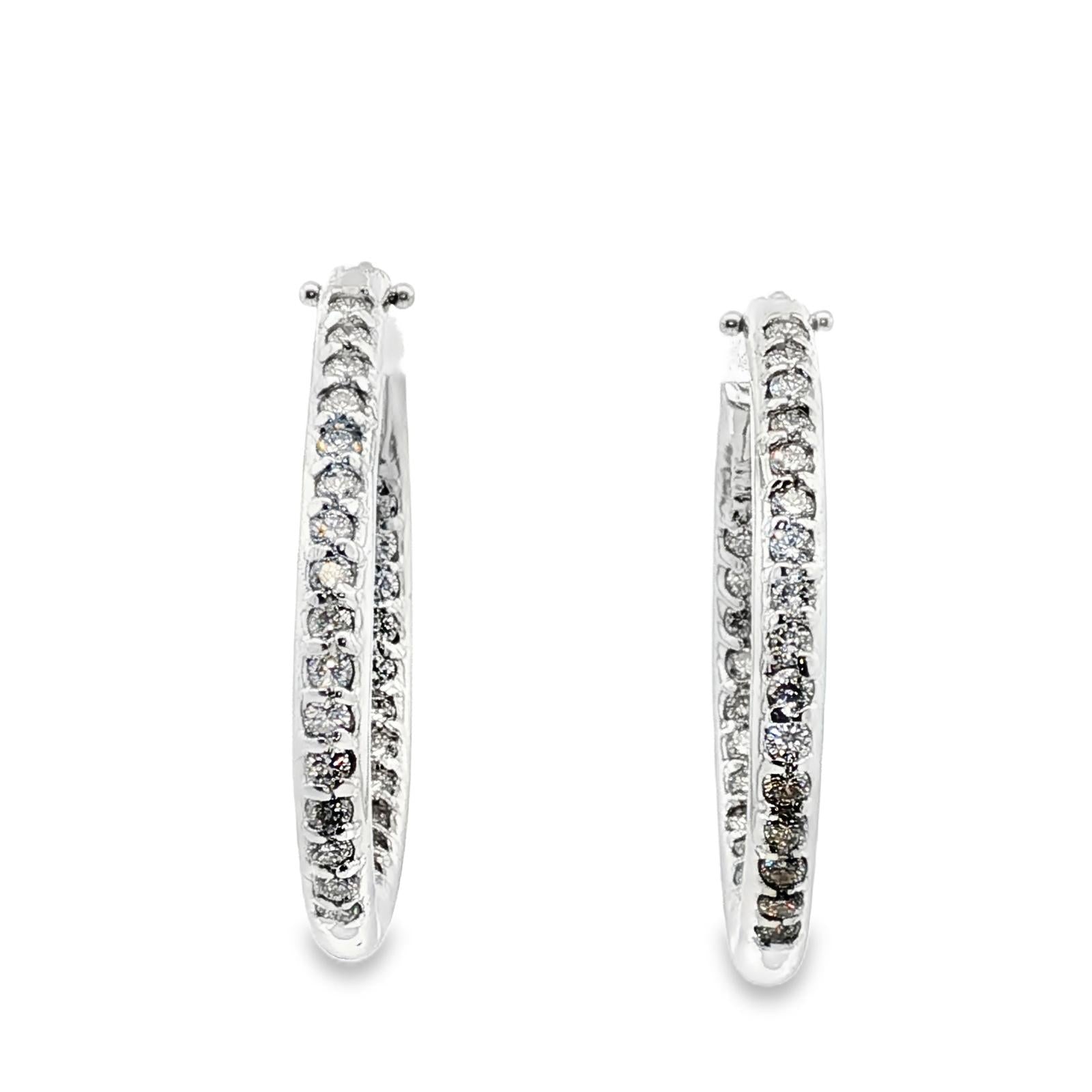 1.00 CTW Round Brilliant Diamond 14 Karat White Gold 1.0 Inch Hoop Earrings