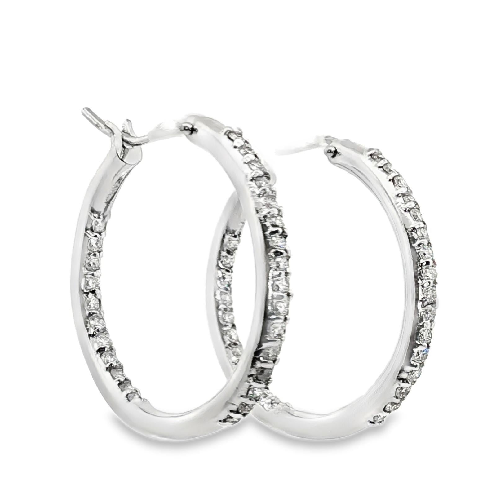 1.00 CTW Round Brilliant Diamond 14 Karat White Gold 1.0 Inch Hoop Earrings