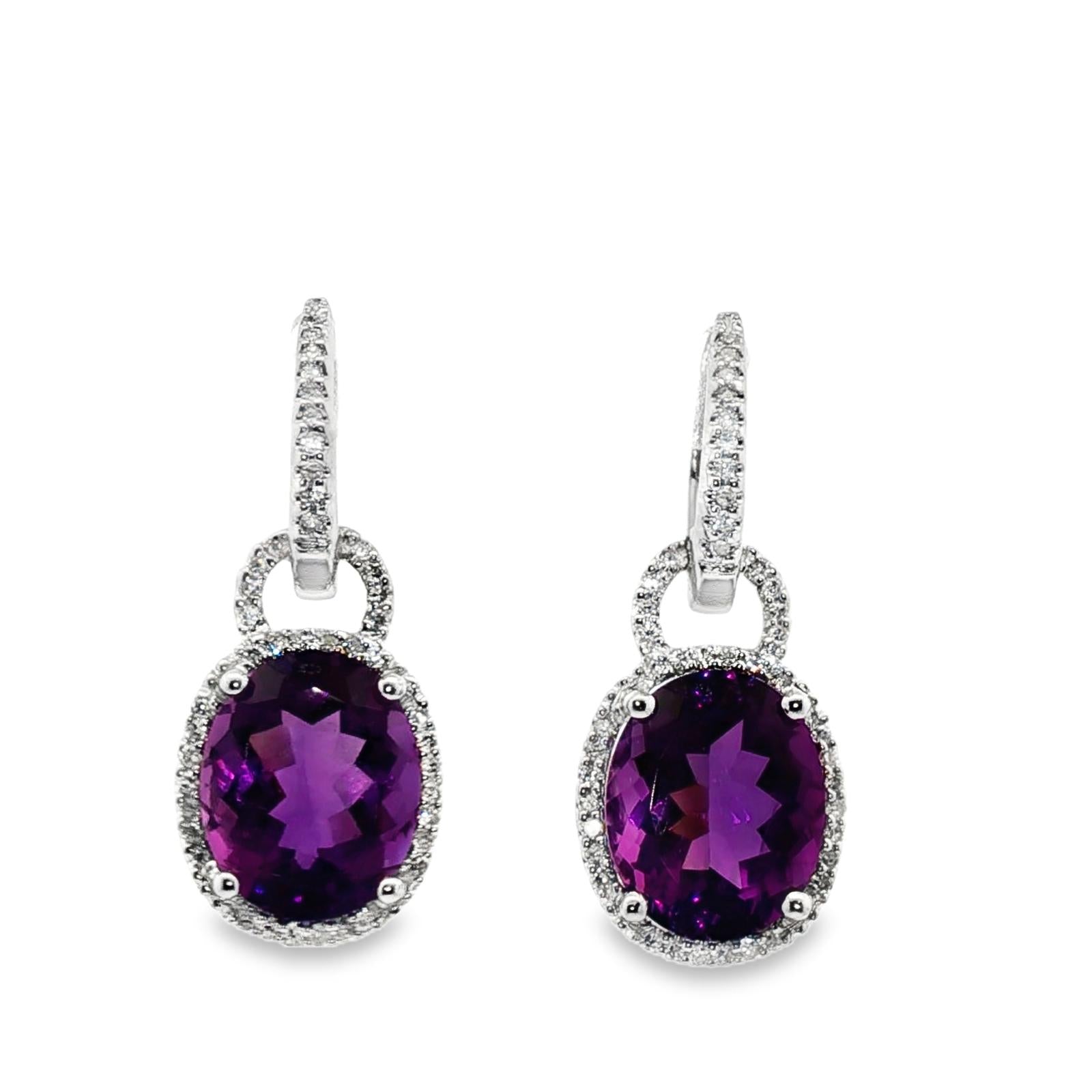 Oval Amethyst Diamond Drop 14 Karat White Gold Earrings