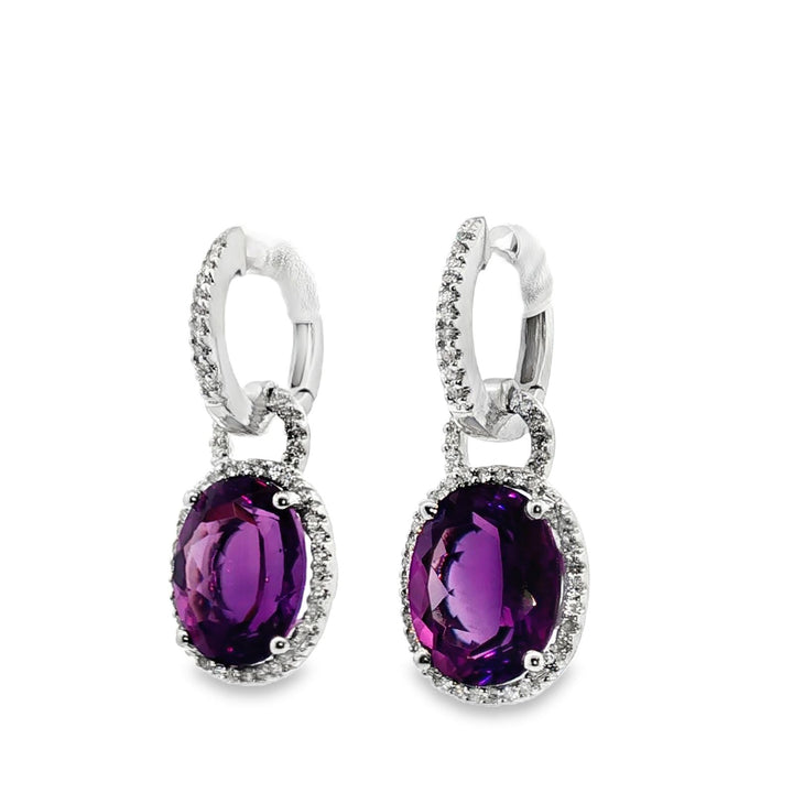 Oval Amethyst Diamond Drop 14 Karat White Gold Earrings