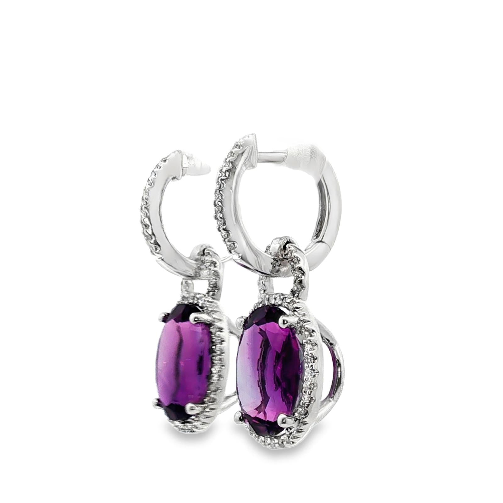 Oval Amethyst Diamond Drop 14 Karat White Gold Earrings