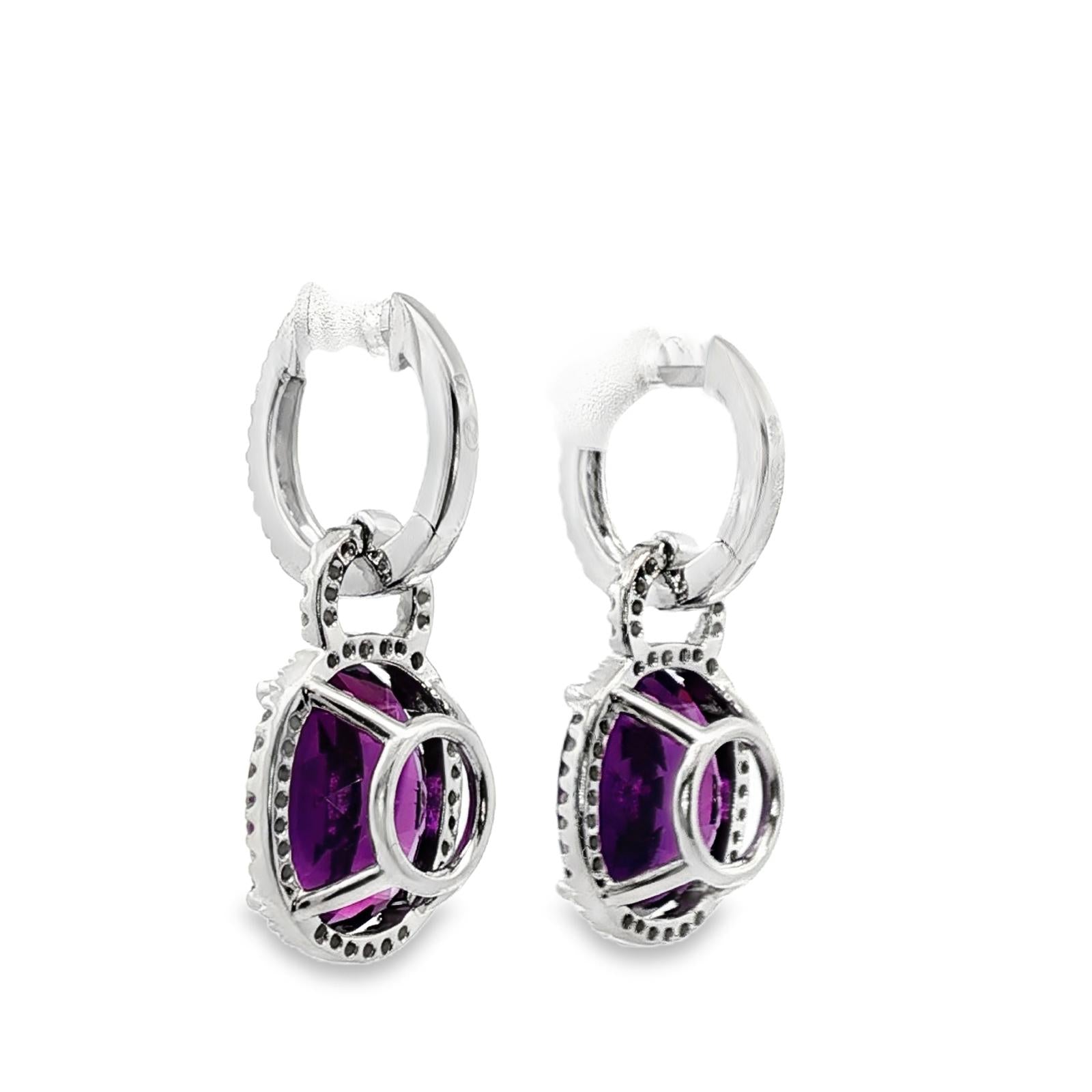 Oval Amethyst Diamond Drop 14 Karat White Gold Earrings