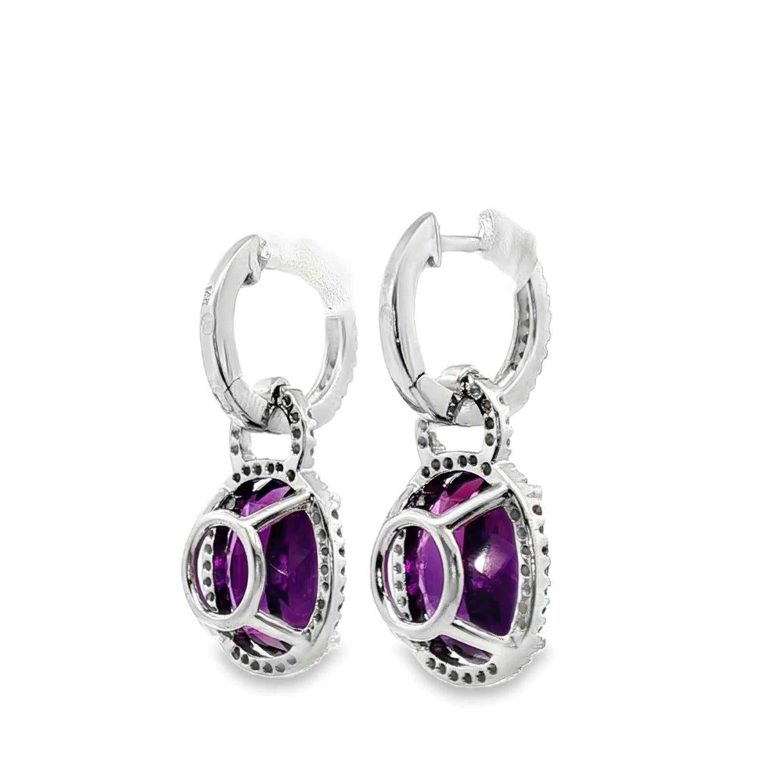 Oval Amethyst Diamond Drop 14 Karat White Gold Earrings