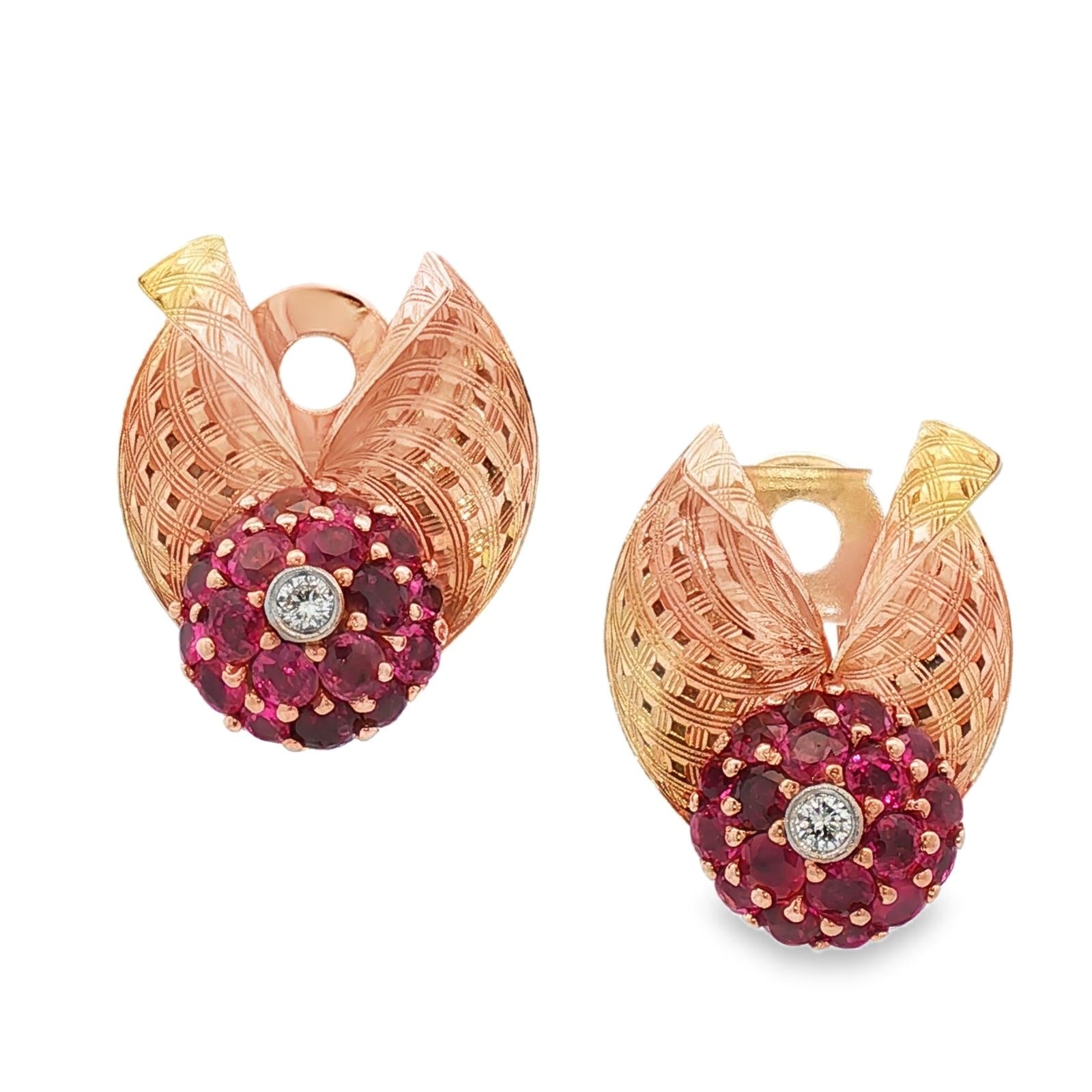 1950's Retro Diamond Ruby 14 Karat Yellow Gold Fan Style Earclip Earrings