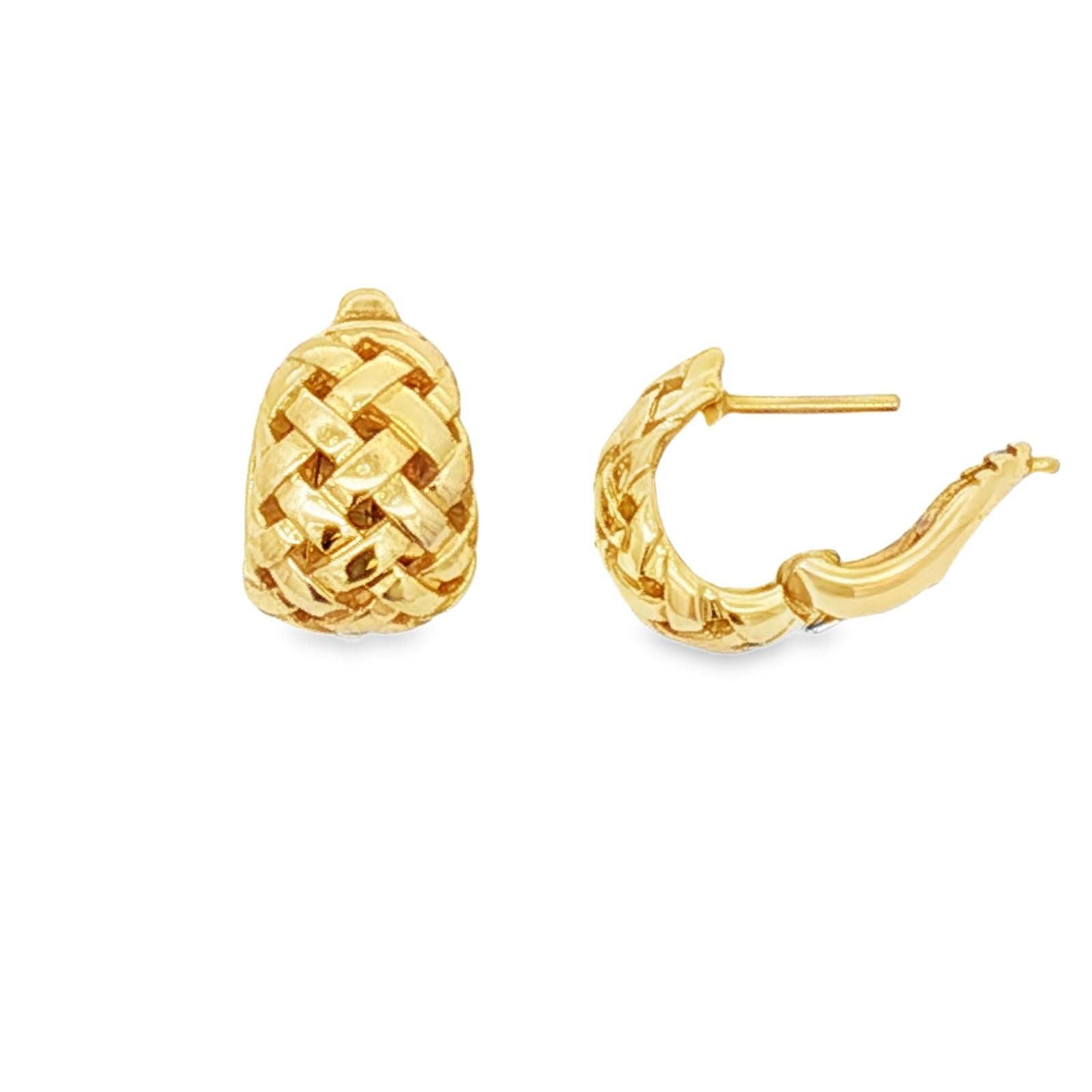 1997 Tiffany & Co. Vannerie 18K Yellow Gold Basket Weave Huggie Hoop Earrings