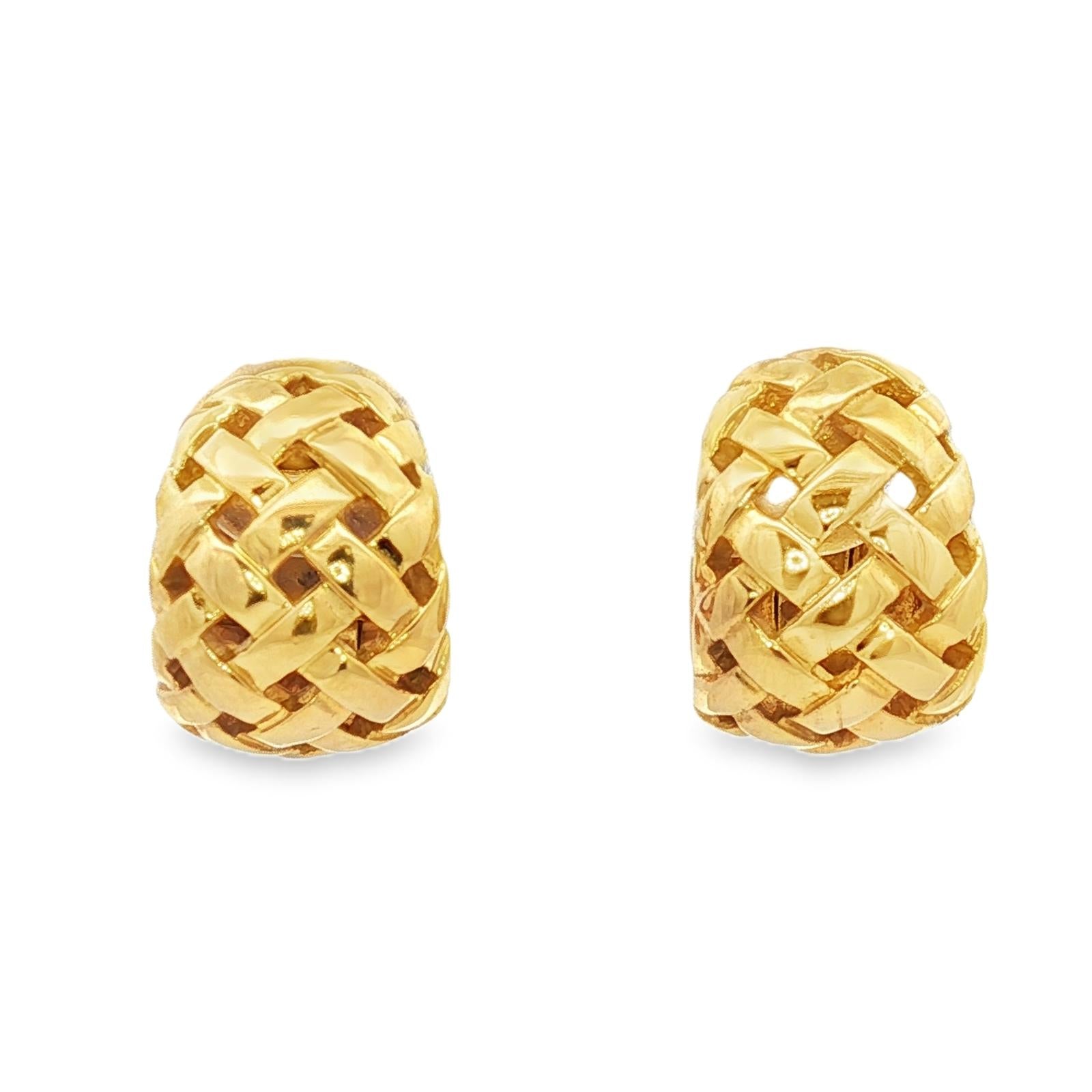 1997 Tiffany & Co. Vannerie 18K Yellow Gold Basket Weave Huggie Hoop Earrings