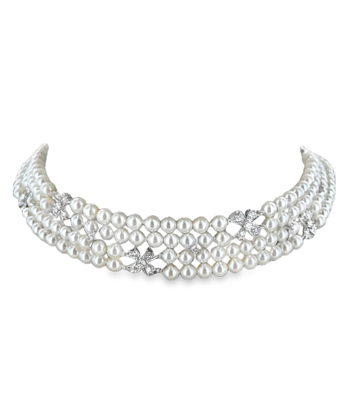 1994 Tiffany &Co. Platinum Akoya Cultured Pearl Floral Diamond Choker Necklace
