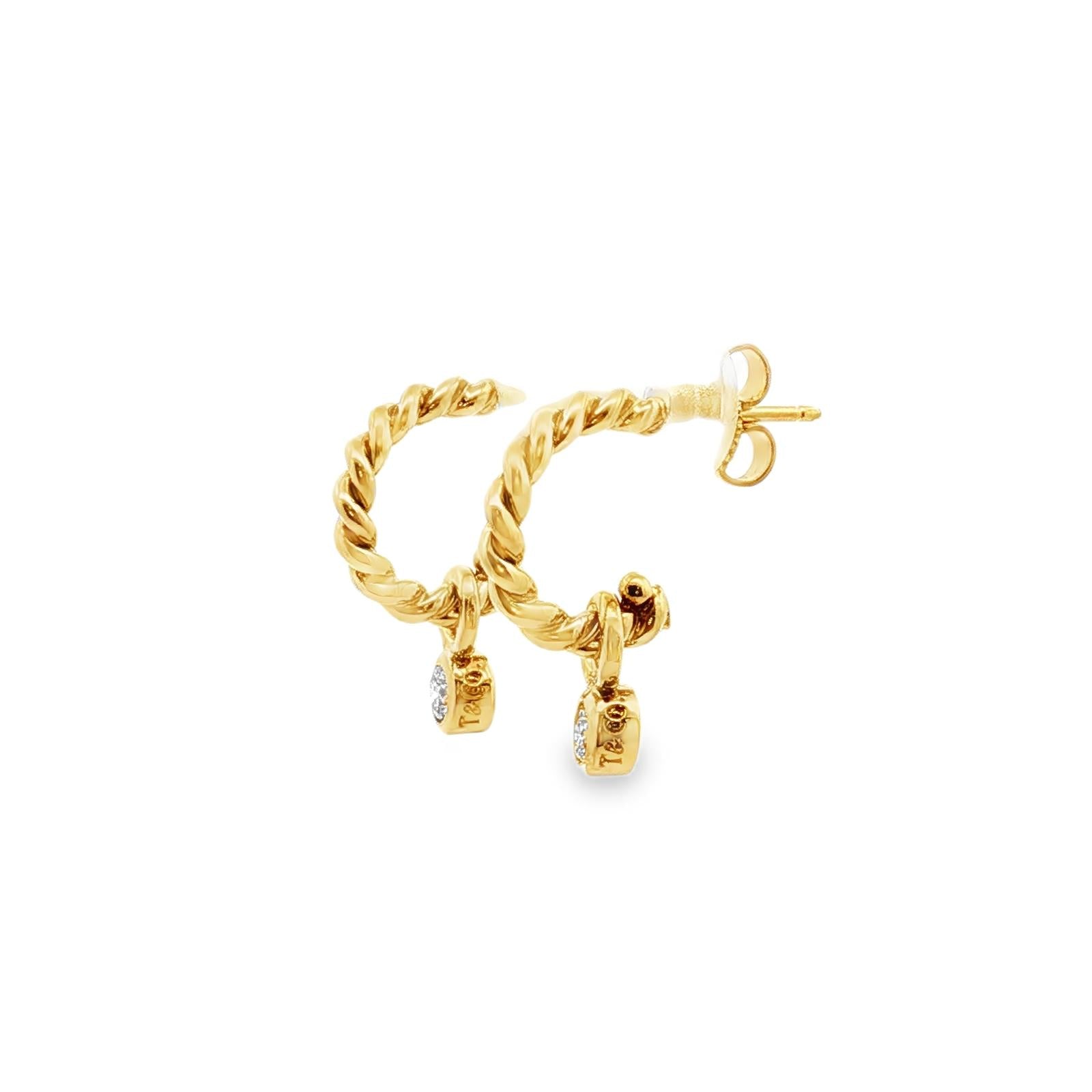Tiffany & Co. 18 Karat Yellow Gold Cable Hoop Diamond Drop Modern Earrings