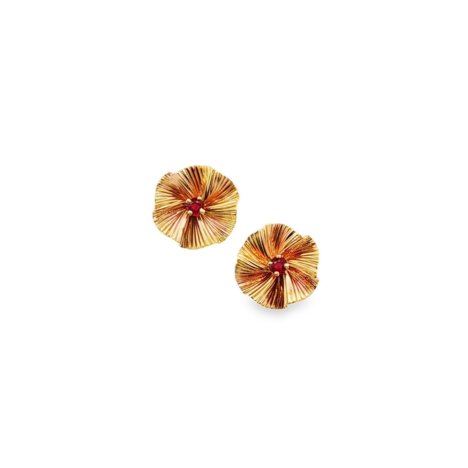 1950's Tiffany & Co. Ruby 14 Karat Yellow Gold Fan Style Retro Stud Earrings