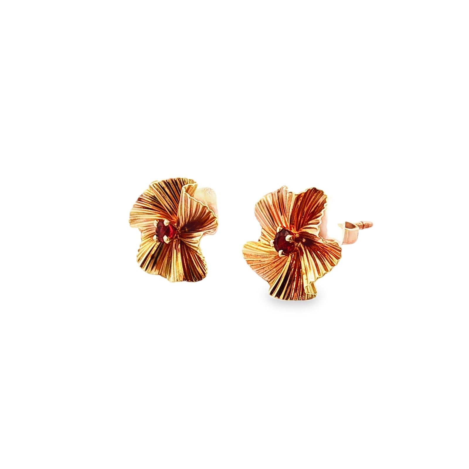 1950's Tiffany & Co. Ruby 14 Karat Yellow Gold Fan Style Retro Stud Earrings