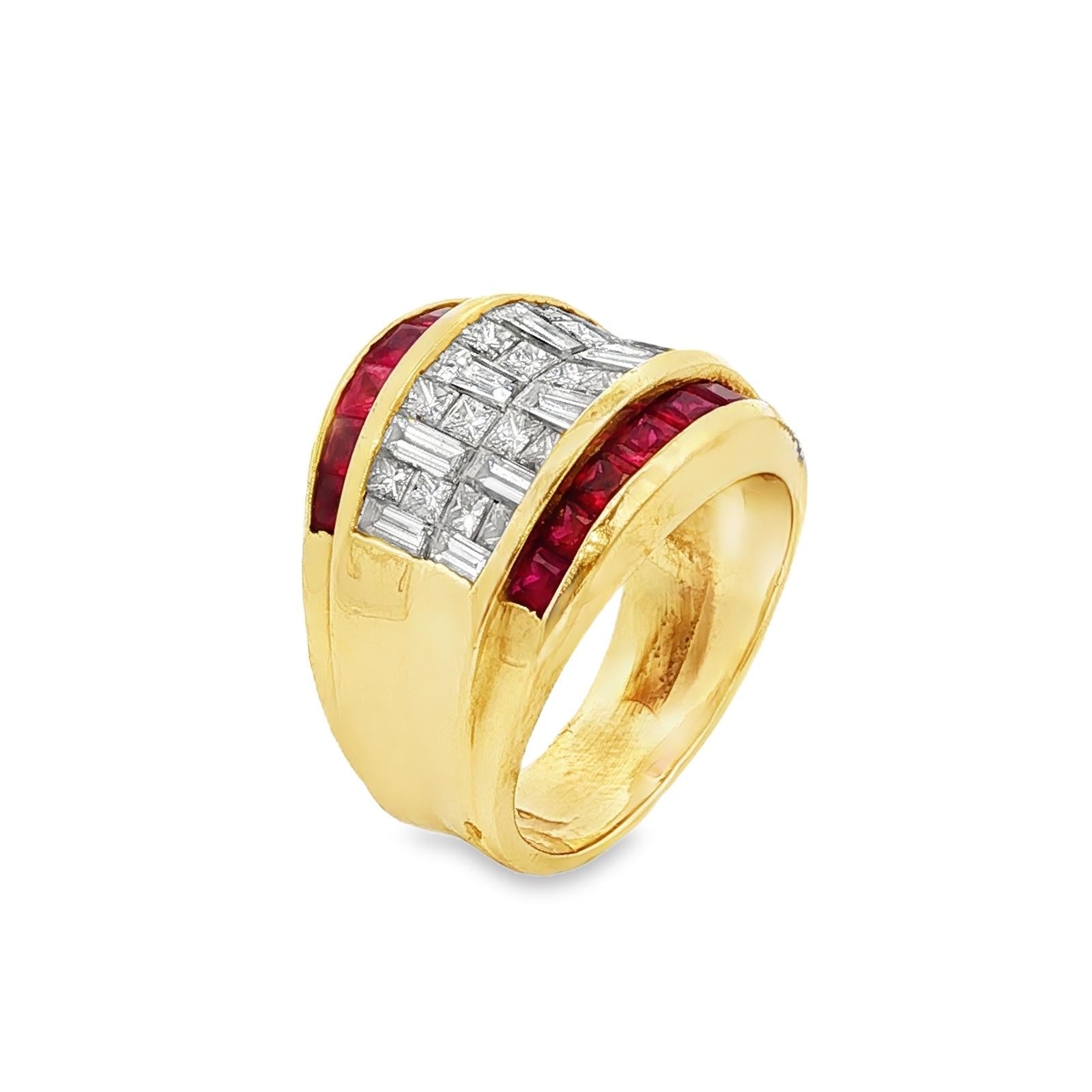 Diamond Ruby 18 Karat Yellow Gold Wide Vintage Band Ring