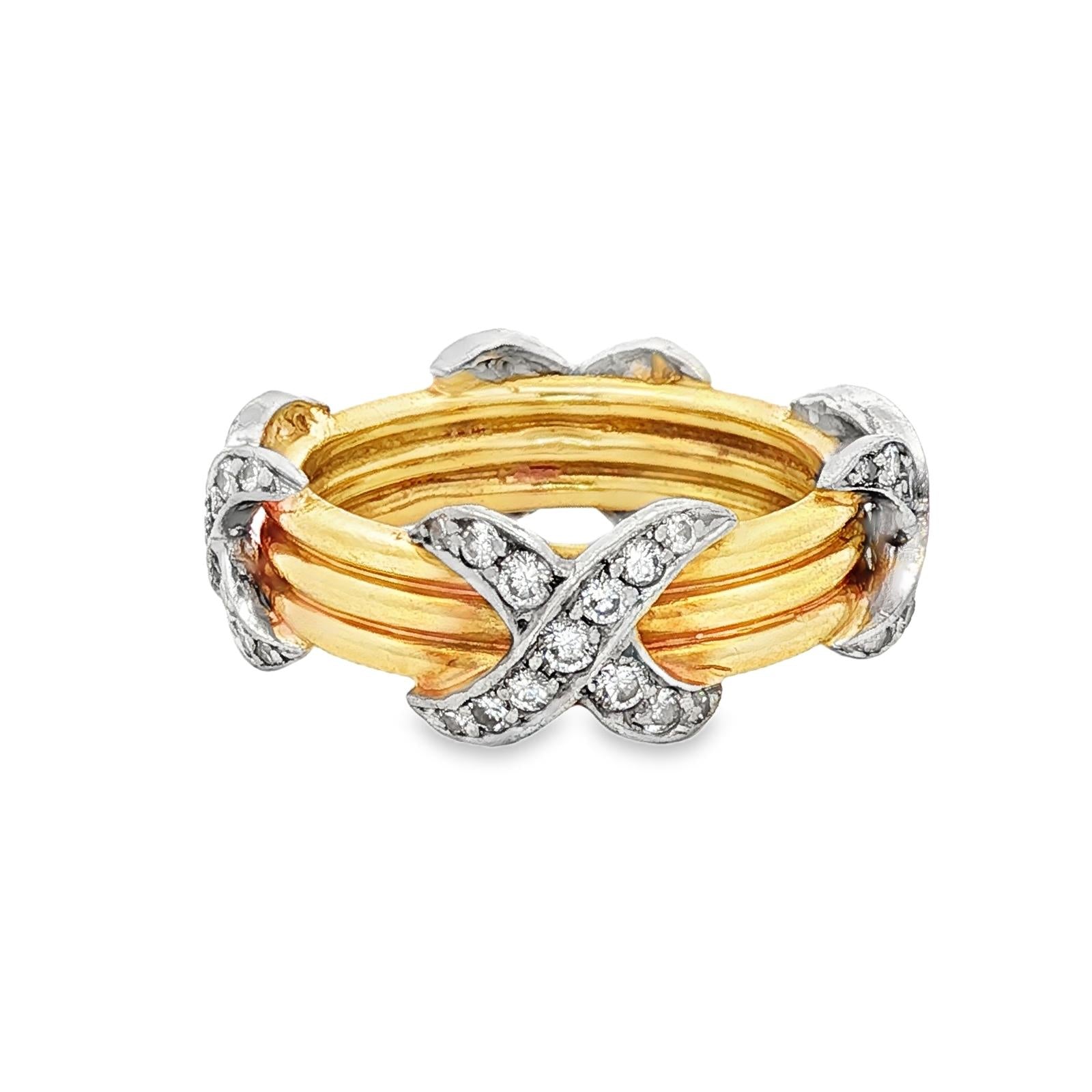 18 Karat Yellow Gold Platinum Diamond 'X' Band Ring Size 6 Modern
