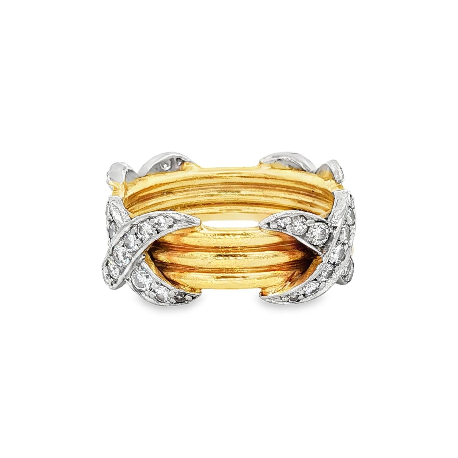 18 Karat Yellow Gold Platinum Diamond 'X' Band Ring Size 6 Modern