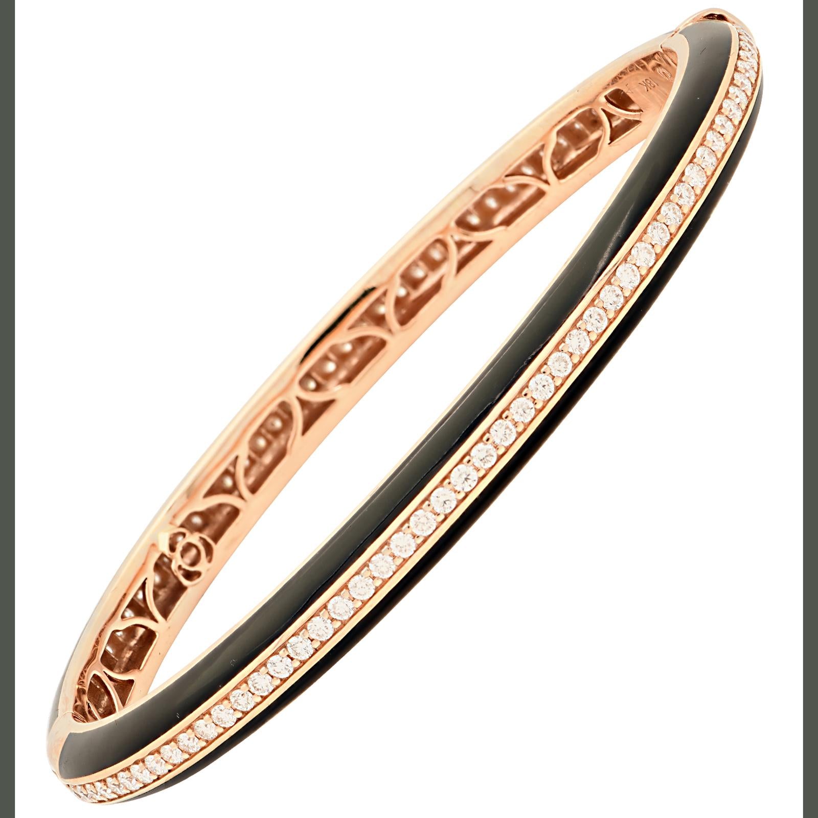 Diamond & Black Ceramic Stackable Hinged 18 Karat Rose Gold Bangle Bracelet New