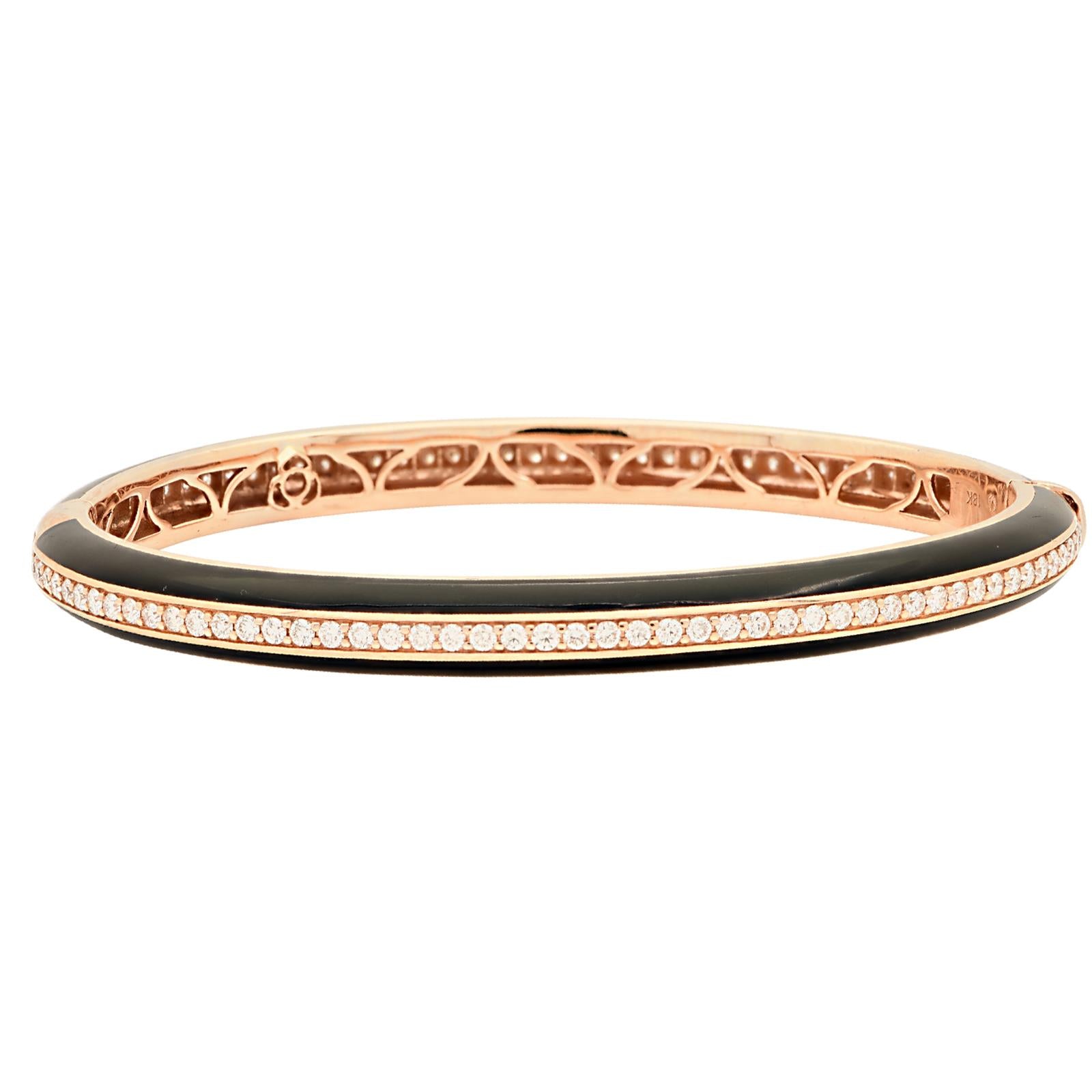 Diamond & Black Ceramic Stackable Hinged 18 Karat Rose Gold Bangle Bracelet New