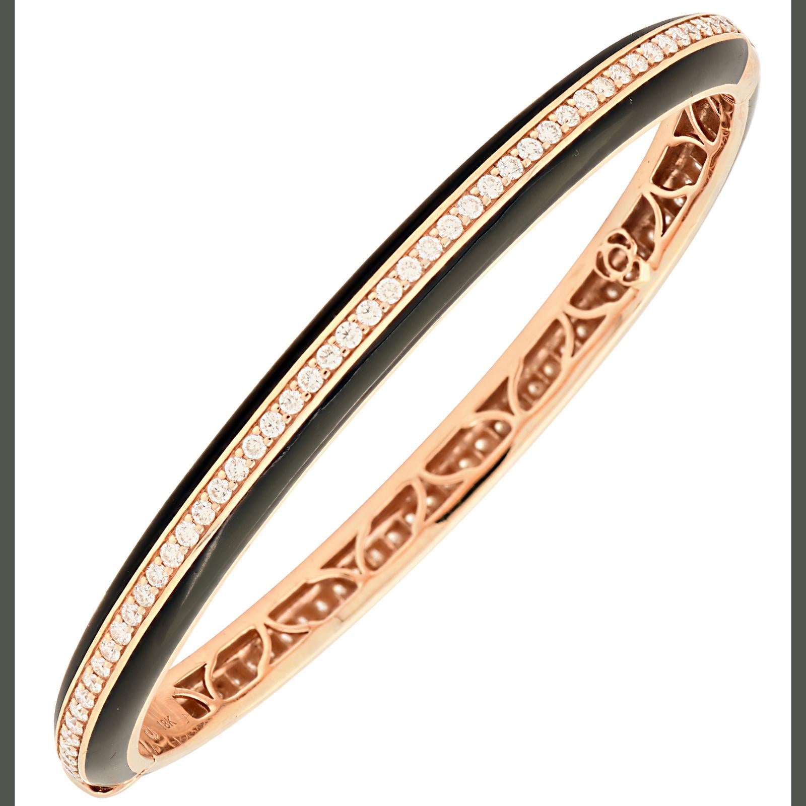 Diamond & Black Ceramic Stackable Hinged 18 Karat Rose Gold Bangle Bracelet New