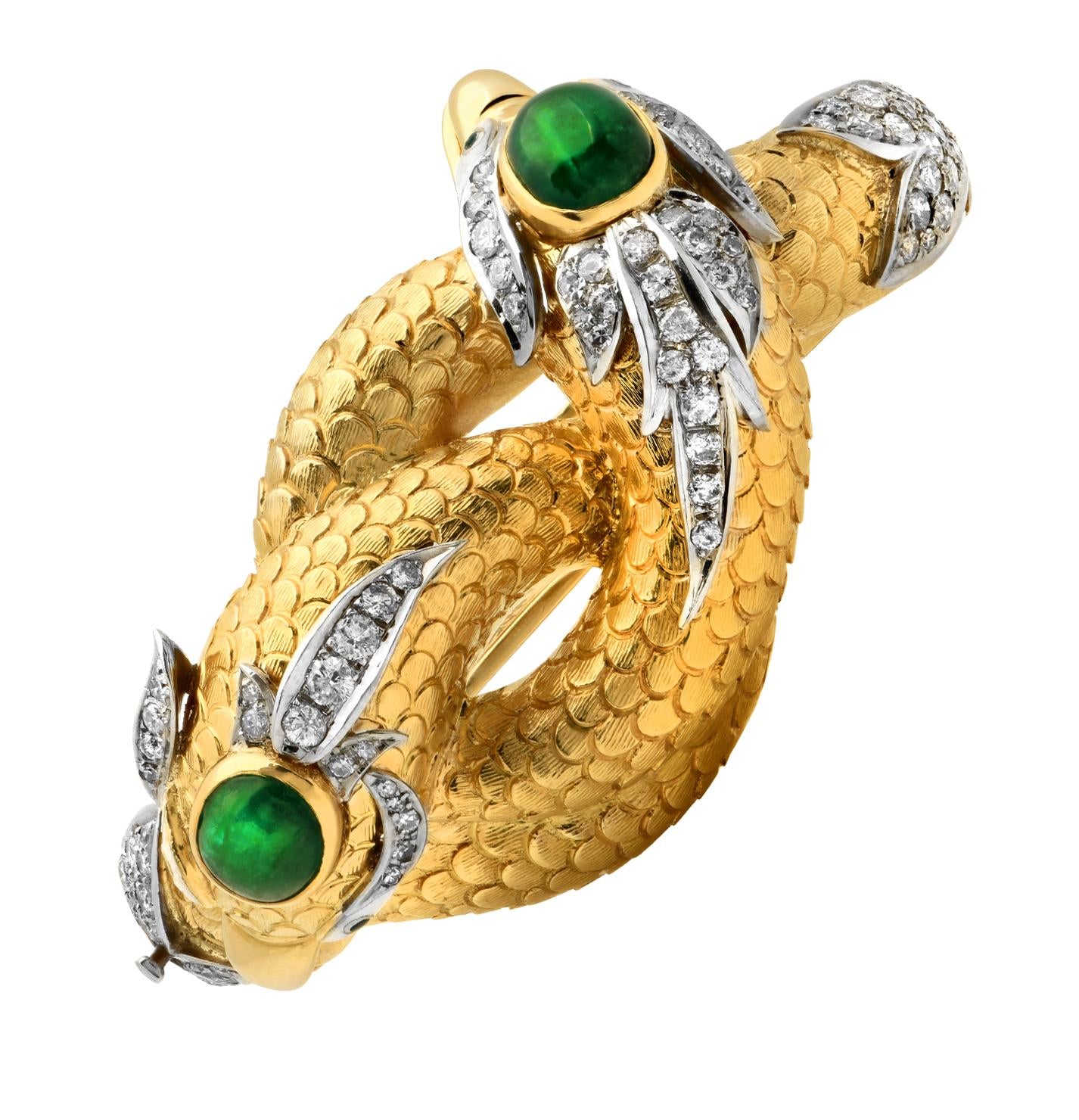 Mid-20th Century Double Snake Head Diamond Emerald Hinged Bangle Bracelet