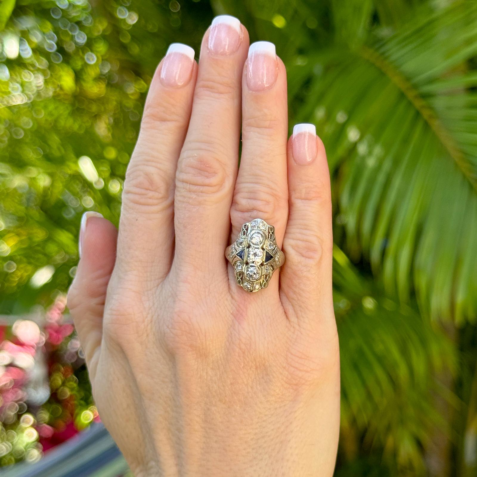 Art Deco Old European Cut Diamond 18 Karat White Gold Elongated Cocktail Ring