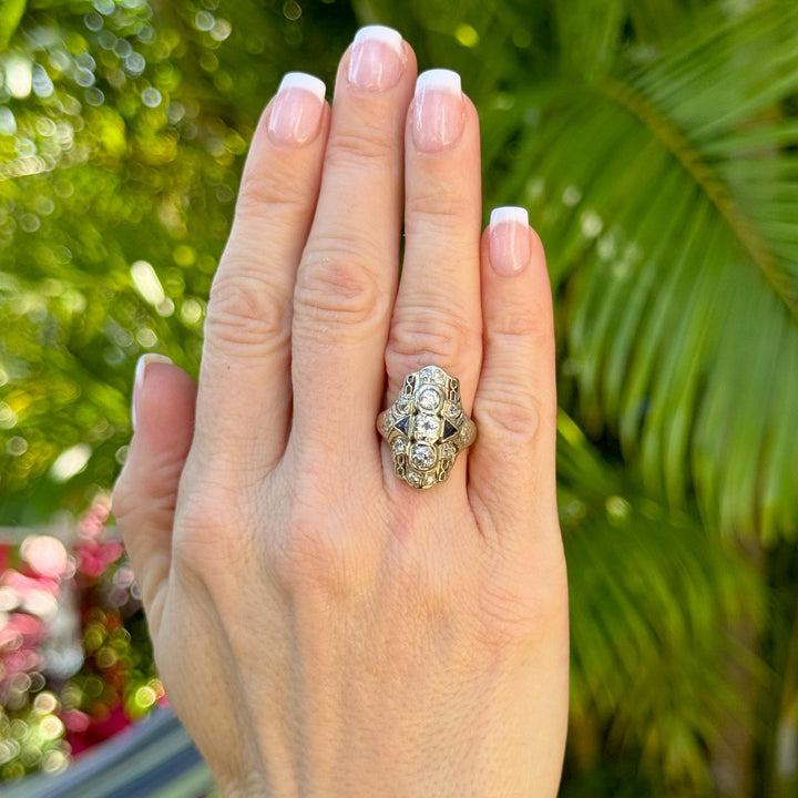 Art Deco Old European Cut Diamond 18 Karat White Gold Elongated Cocktail Ring