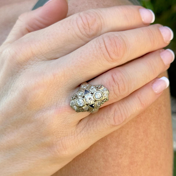 Art Deco Old European Cut Diamond 18 Karat White Gold Elongated Cocktail Ring