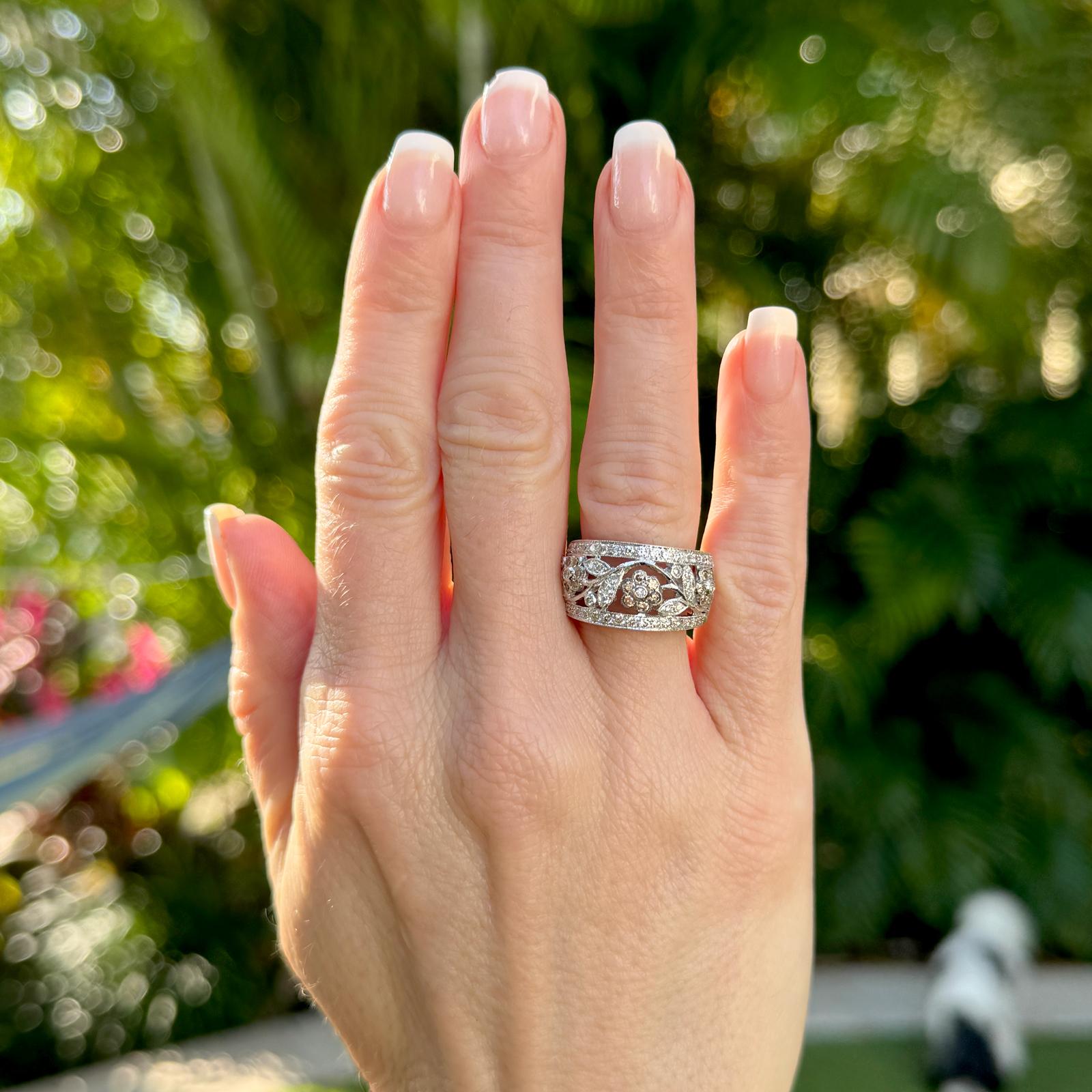 LeVian Diamond Floral Design 14 Karat White Gold Modern Band Ring