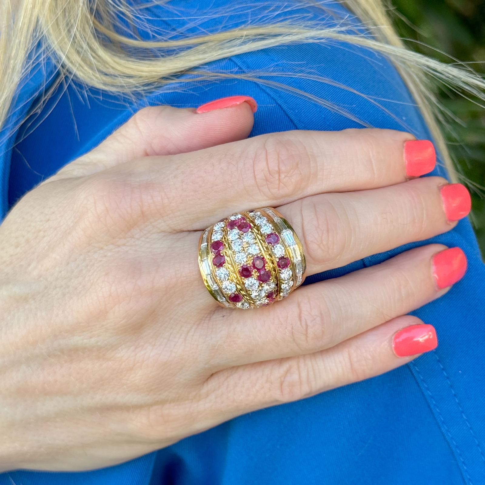 Diamond Ruby Six Row 18 Karat Yellow Gold Wide Band Ring