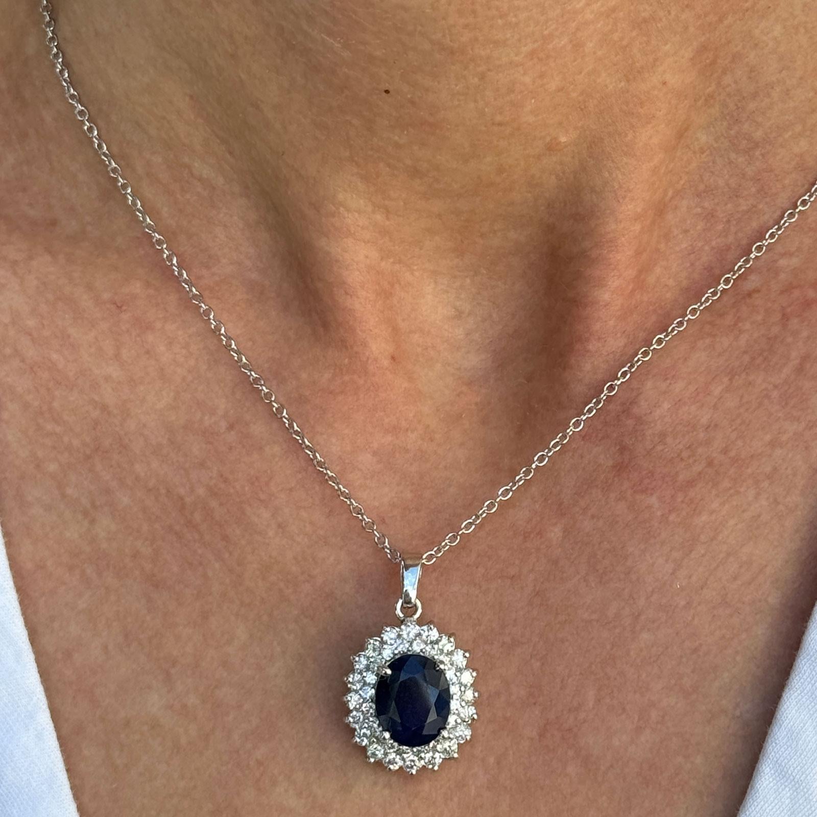 Oval Natural Blue Sapphire Diamond 14 Karat White Gold Pendant Necklace