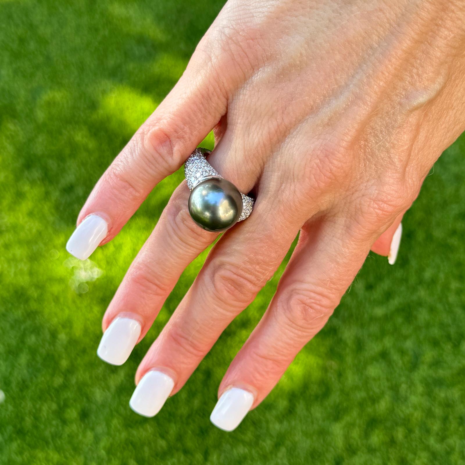 Modern Black Tahitian Pearl Diamond Platinum Cocktail Ring