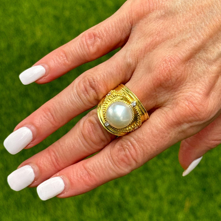 South Sea Pearl Diamond 18 Karat Yellow Gold Etruscan Style Cocktail Ring