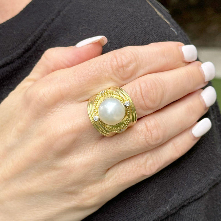 South Sea Pearl Diamond 18 Karat Yellow Gold Etruscan Style Cocktail Ring