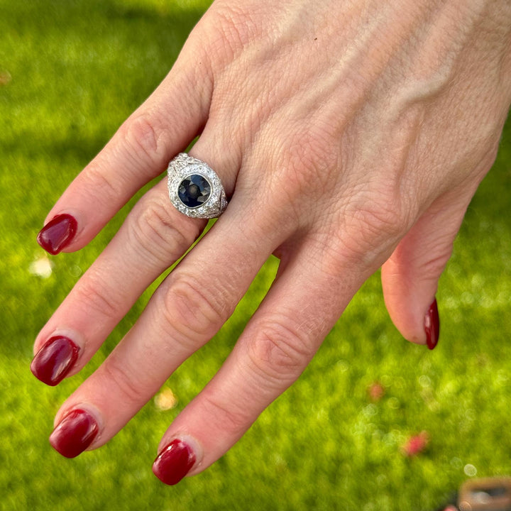 Art Deco Diamond Cushion Cut Natural Blue Sapphire Platinum Cocktail Ring