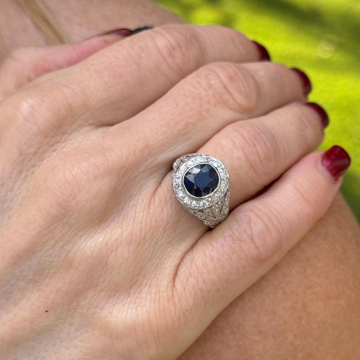 Art Deco Diamond Cushion Cut Natural Blue Sapphire Platinum Cocktail Ring