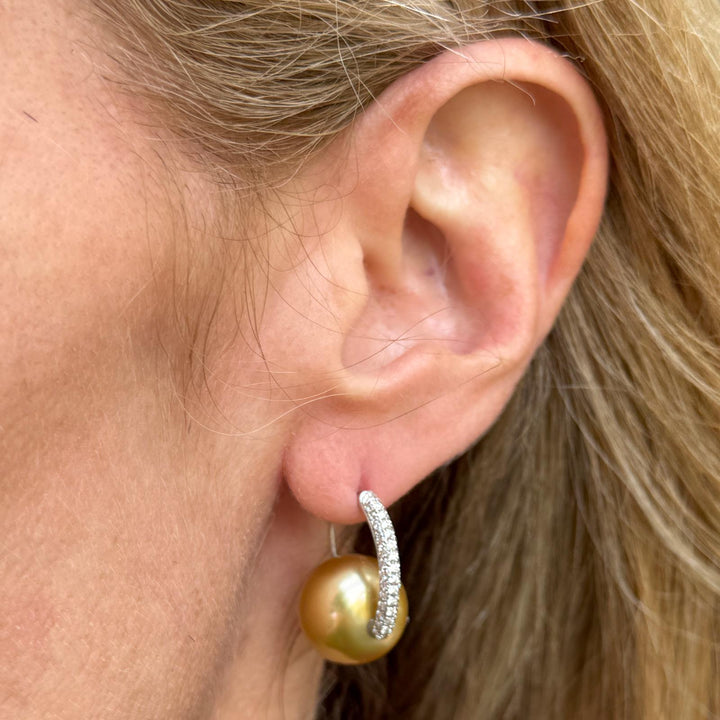 Diamond Golden Pearl 14 Karat Yellow Gold Modern Drop Earrings
