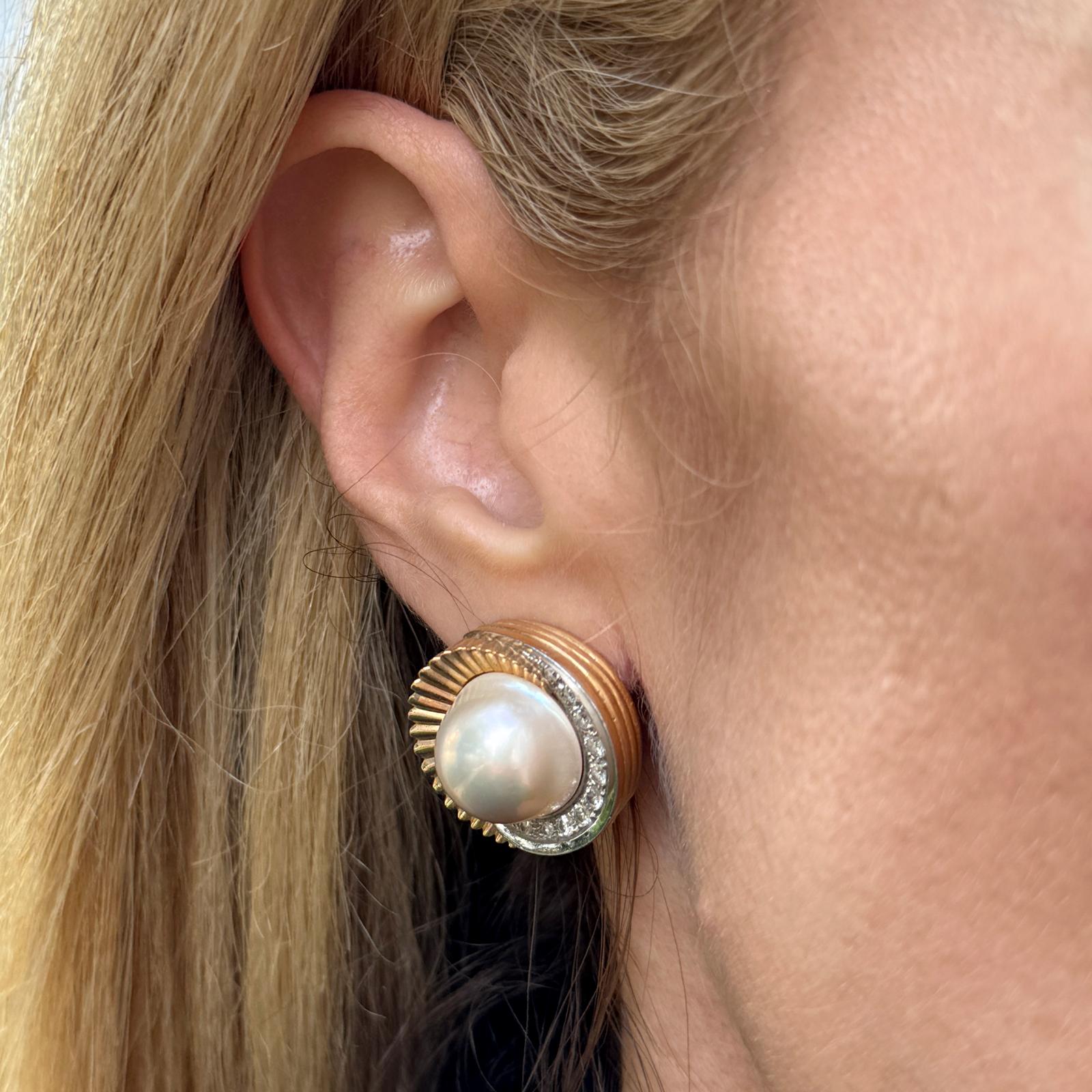 Late 20th Century Diamond & Mabe Pearl 18 Karat Gold Swirl Leverback Earrings
