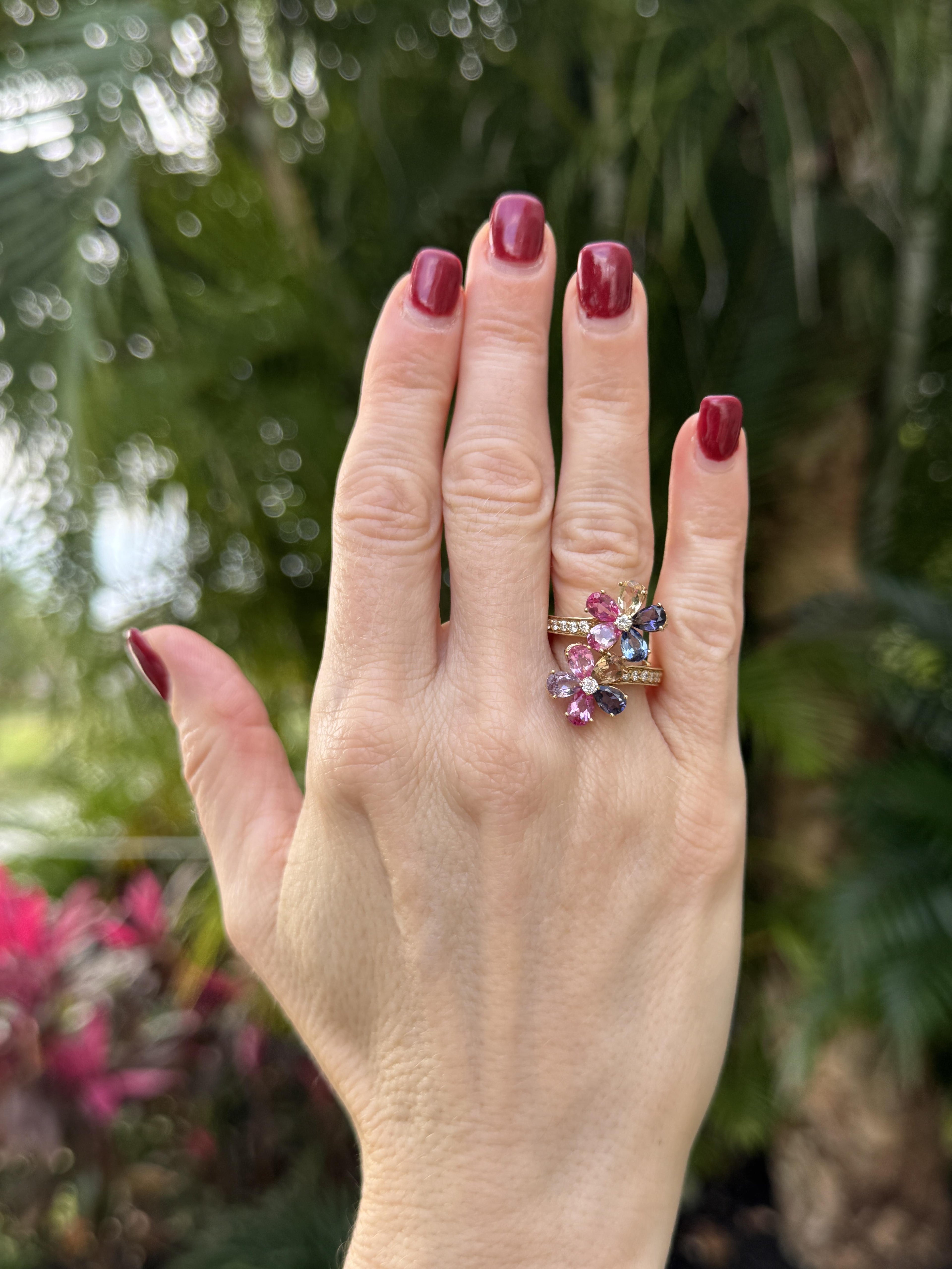 Diamond Colored Gemstone 14 Karat Yellow Gold Bypass Floral Ring