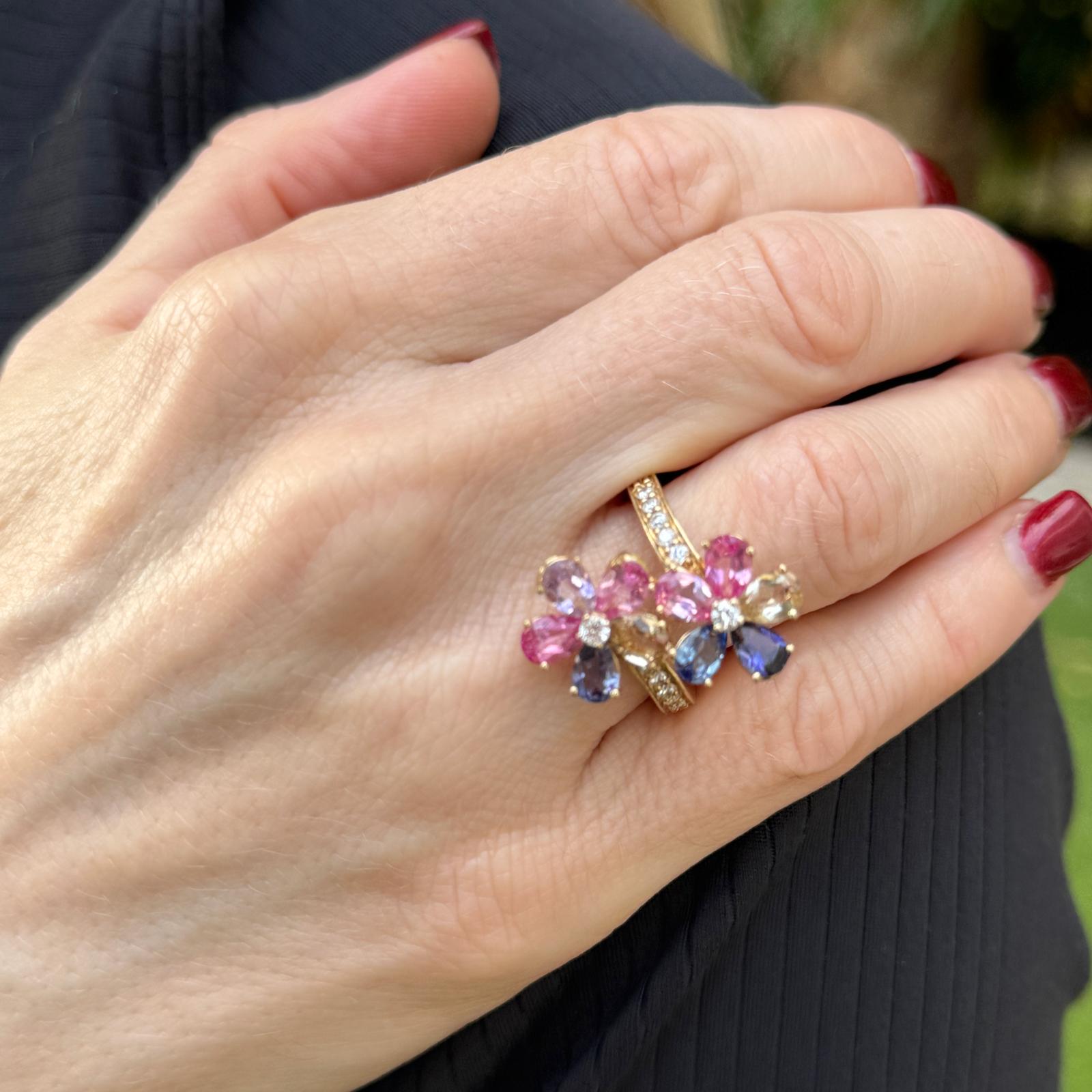 Diamond Colored Gemstone 14 Karat Yellow Gold Bypass Floral Ring