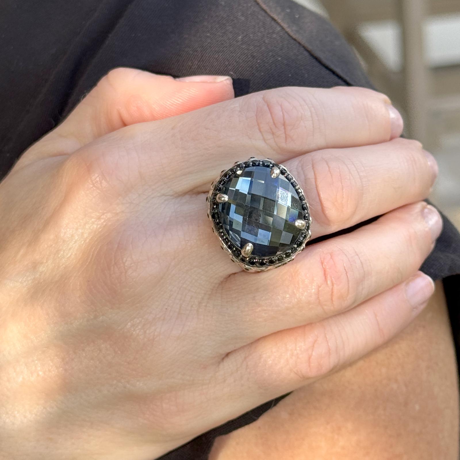 John Hardy Faceted Hematite Black Gemstone & Spinel Accent Silver Bamboo Ring