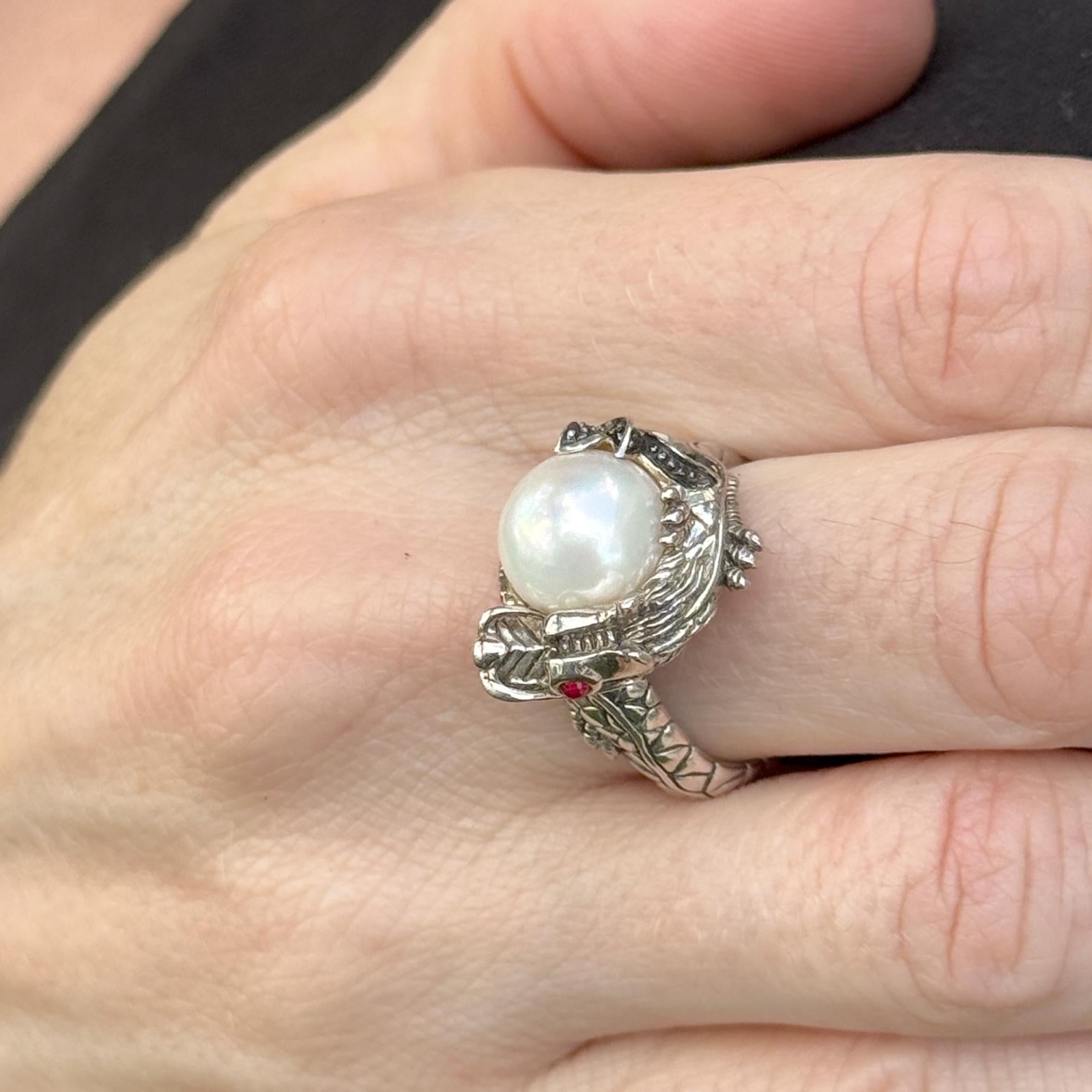 John Hardy Dragon Sterling Silver Ring with Pearl & Black Sapphire