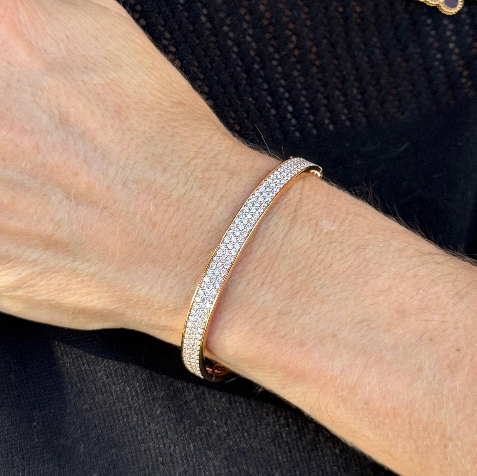 Diamond 18 Karat Rose Gold Three Row Bangle Bracelet New Modern
