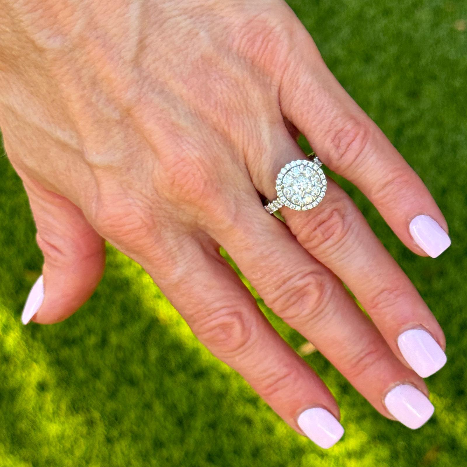 Diamond Cluster 14 Karat White Gold Halo Engagment Ring Modern