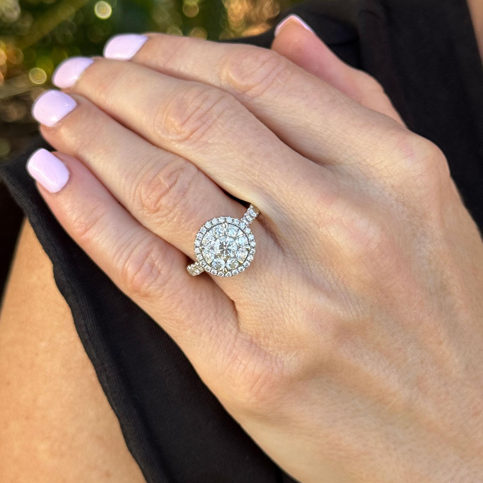 Diamond Cluster 14 Karat White Gold Halo Engagment Ring Modern